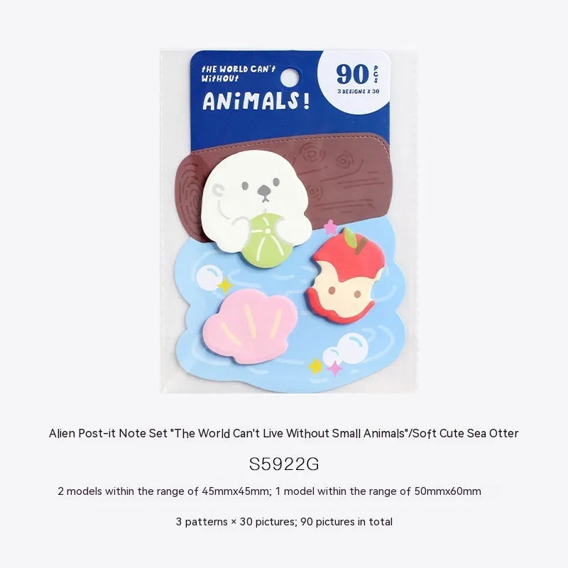 Animal-shaped sticky note set showing six cute designs including bunny, kitten, puppy and sea otter themes