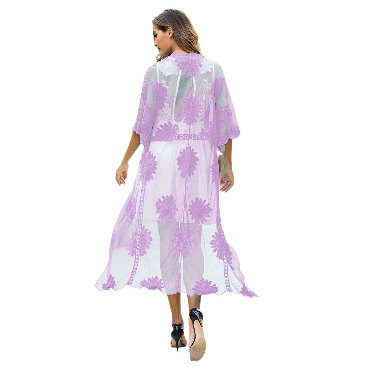 Light purple women's beach dress with lace embroidery detail as swimsuit cover-up