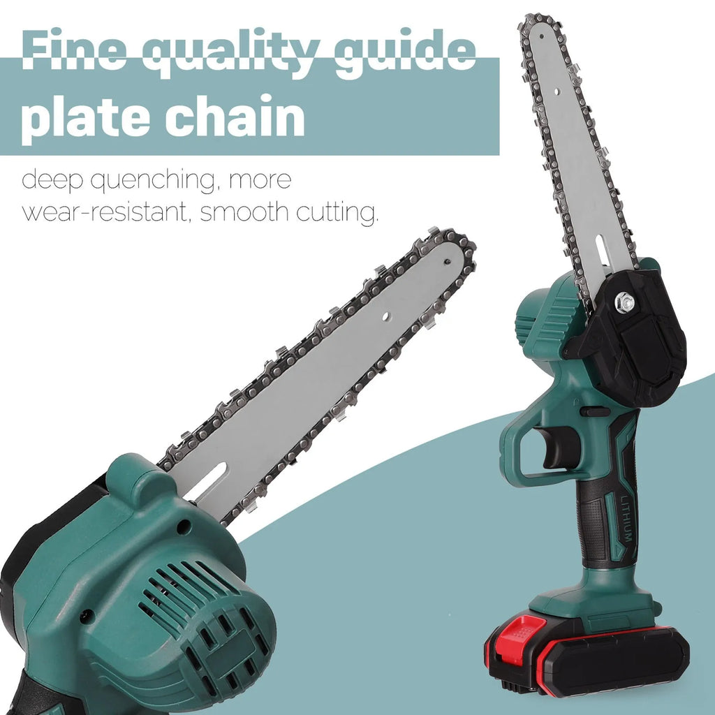Black mini electric chainsaw with 4-inch guide held in one hand for garden woodcutting