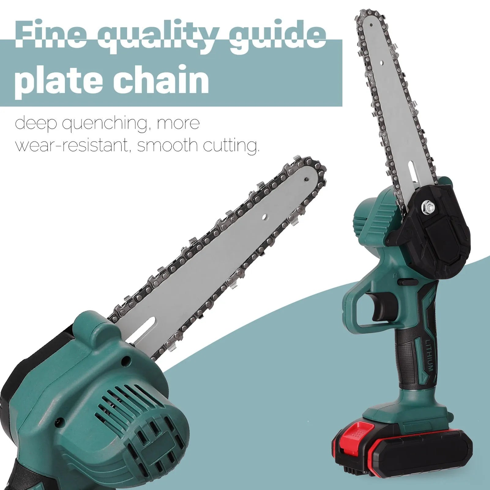 Black mini electric chainsaw with 4-inch guide held in one hand for garden woodcutting