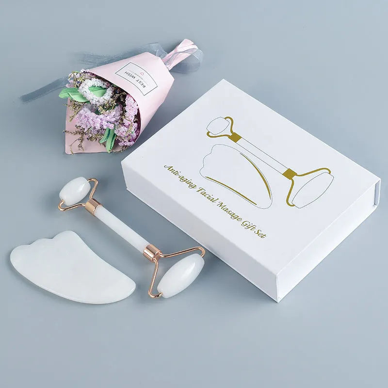 White jade roller and scrapping tool set with double-headed design and storage board