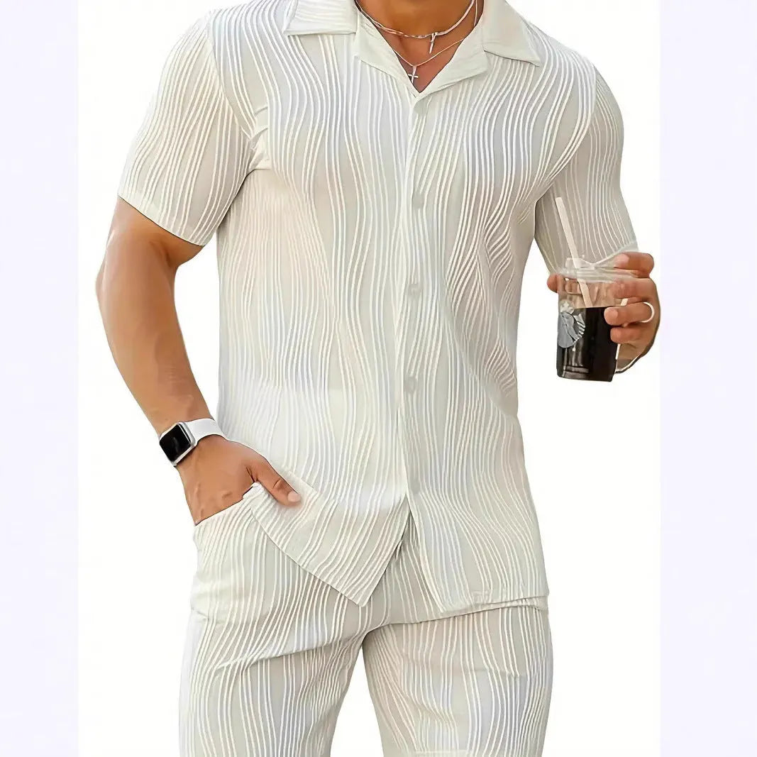 Men's casual summer suit with wave pattern design showing short-sleeved top and matching shorts