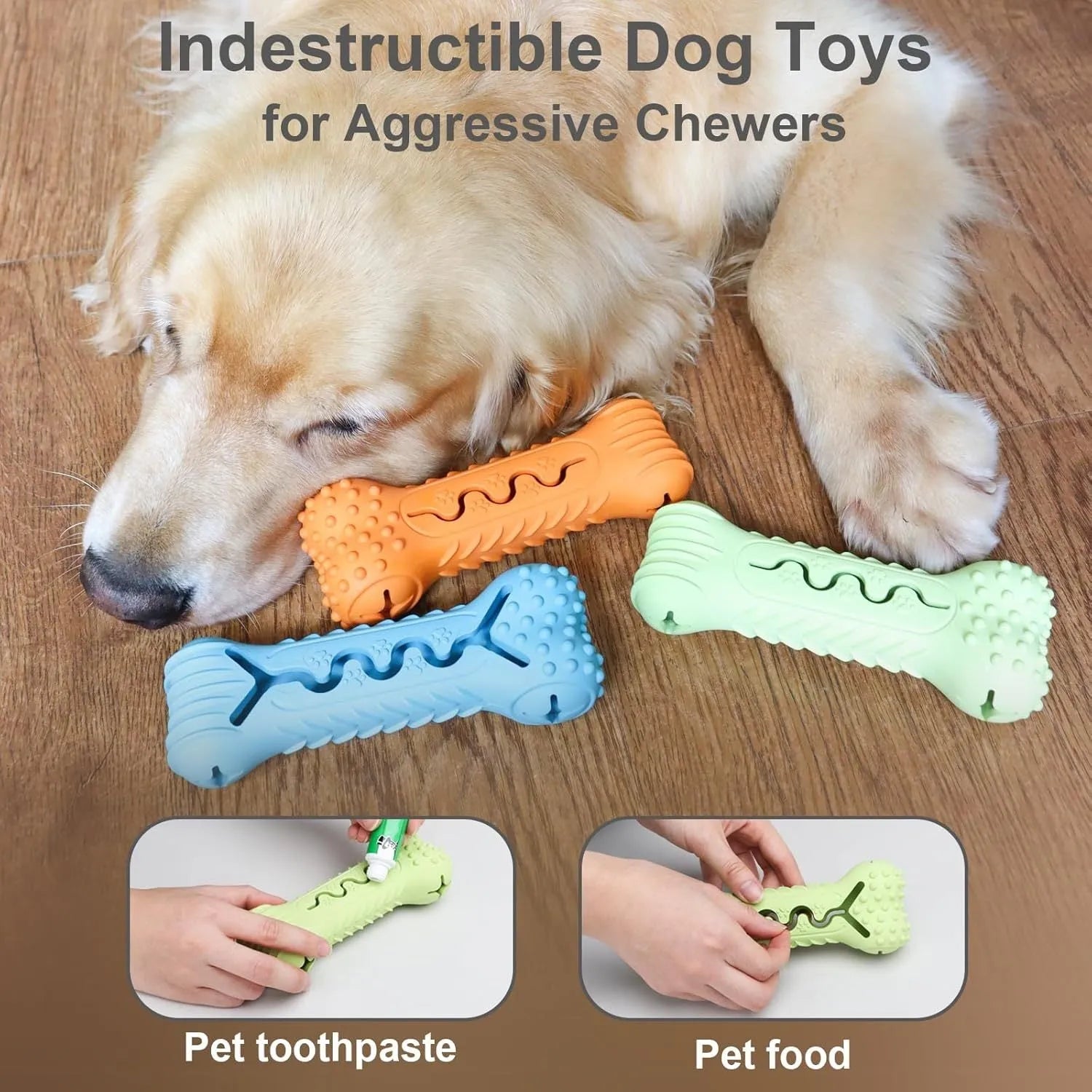 Blue natural rubber bone-shaped dog chew toy for aggressive chewers on a white background
