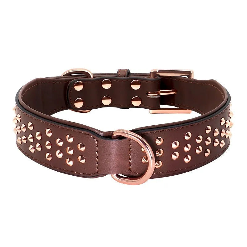 Leather dog collar with metal rivets, shown in black, chocolate, or pink, sized for large dogs.