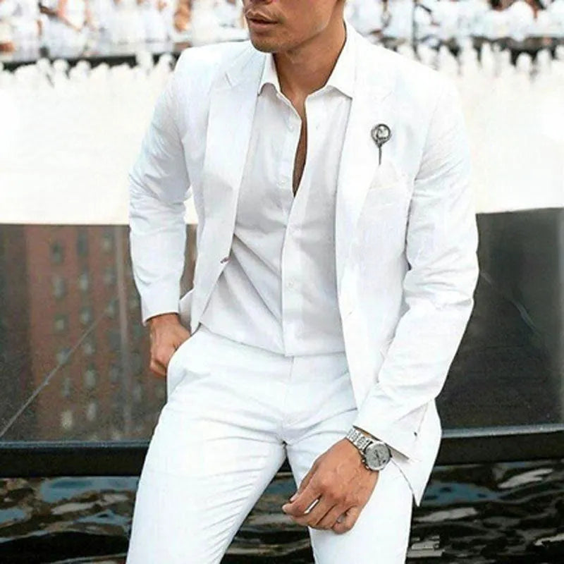 White men's two-piece slim fit suit for wedding groomsman attire in acetate fibre blend