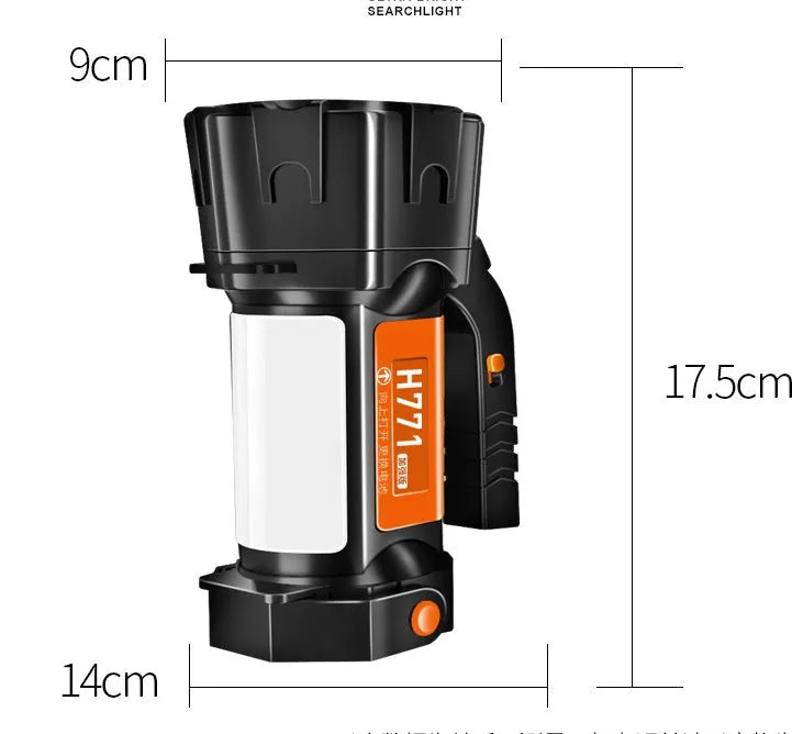 Orange portable LED work lamp with adjustable brightness, side lights, and removable battery on shoulder strap.