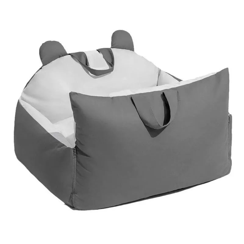 Removable washable dog car kennel in beige, showing M and L size options for vehicle travel.