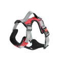 Polyester dog chest back harness with hand holding rope in various colours on size chart.