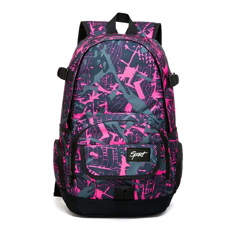 Blue classic nylon backpack with large main compartment and adjustable padded shoulder straps.