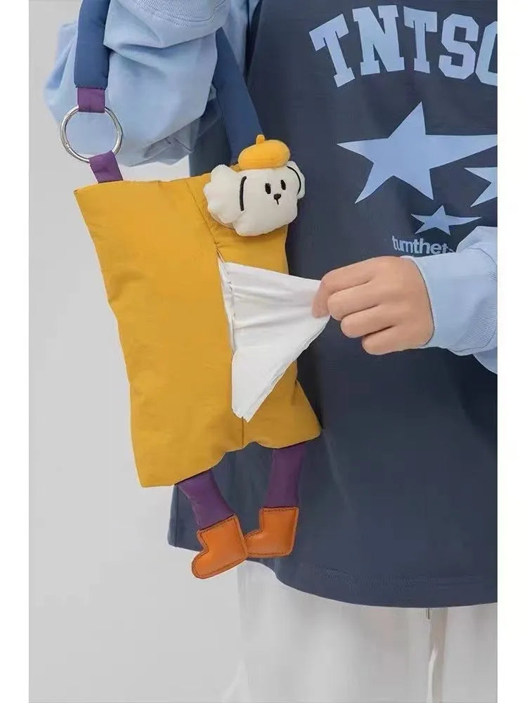 Plush hanging car tissue bag in hat dog or baby crocodile design measuring 25 by 19 centimetres