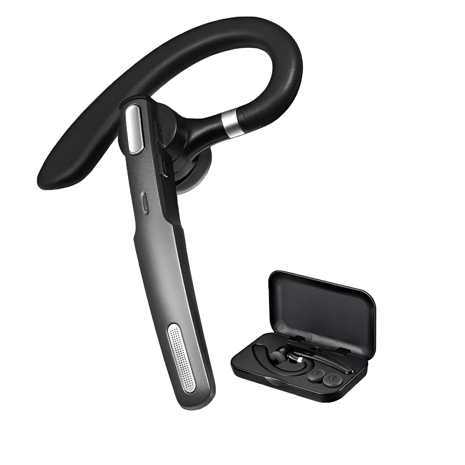 Black mono Bluetooth headset with a hook for hanging over the ear.
