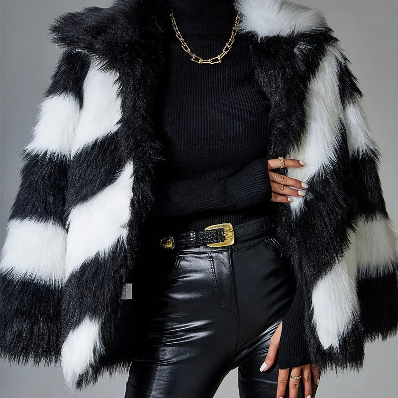 Women's picture colour faux fur coat with a contrasting lapel and a fur collar
