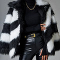 Women's picture colour faux fur coat with a contrasting lapel and a fur collar
