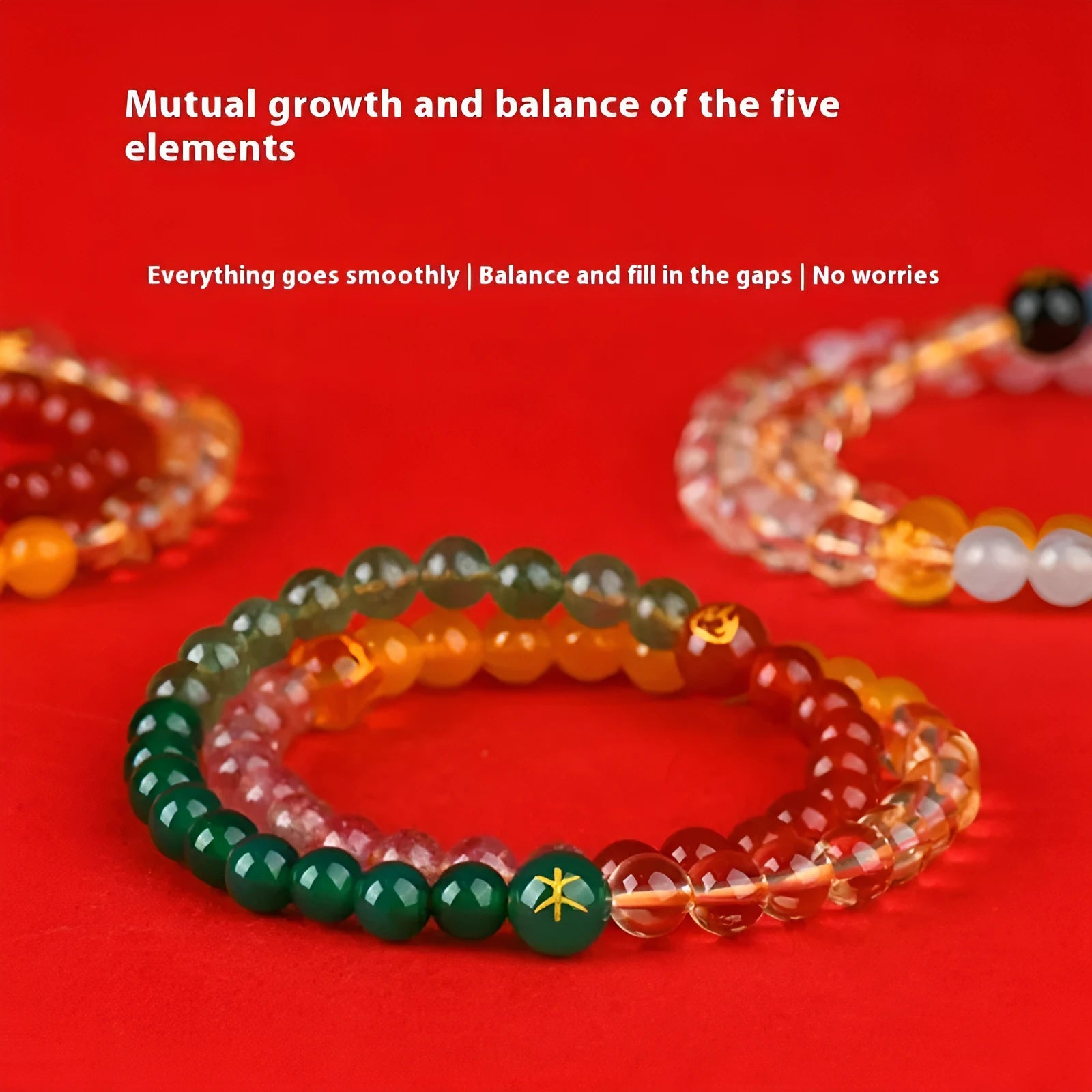 Natural Duobao crystal five elements double ring bracelet with geometric round bead design
