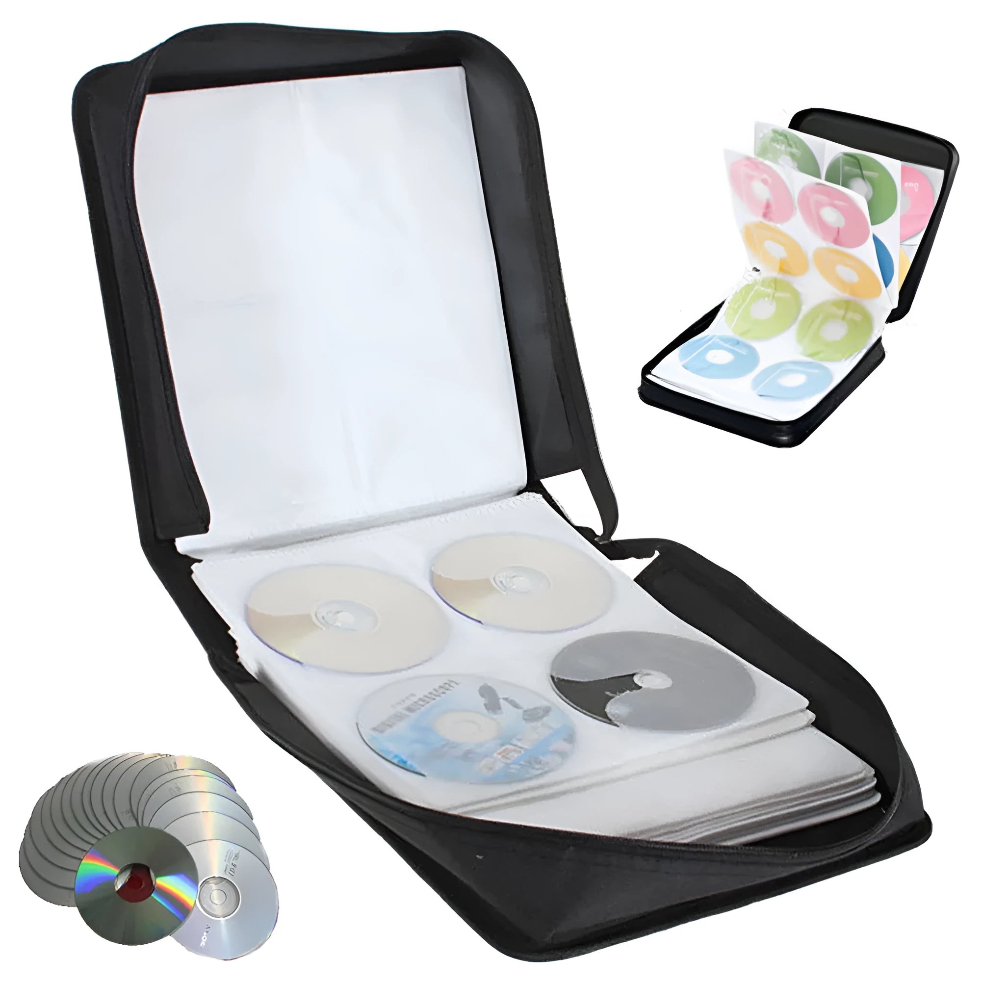 Black Oxford fabric CD DVD storage binder with zipper closure and a top carry handle.