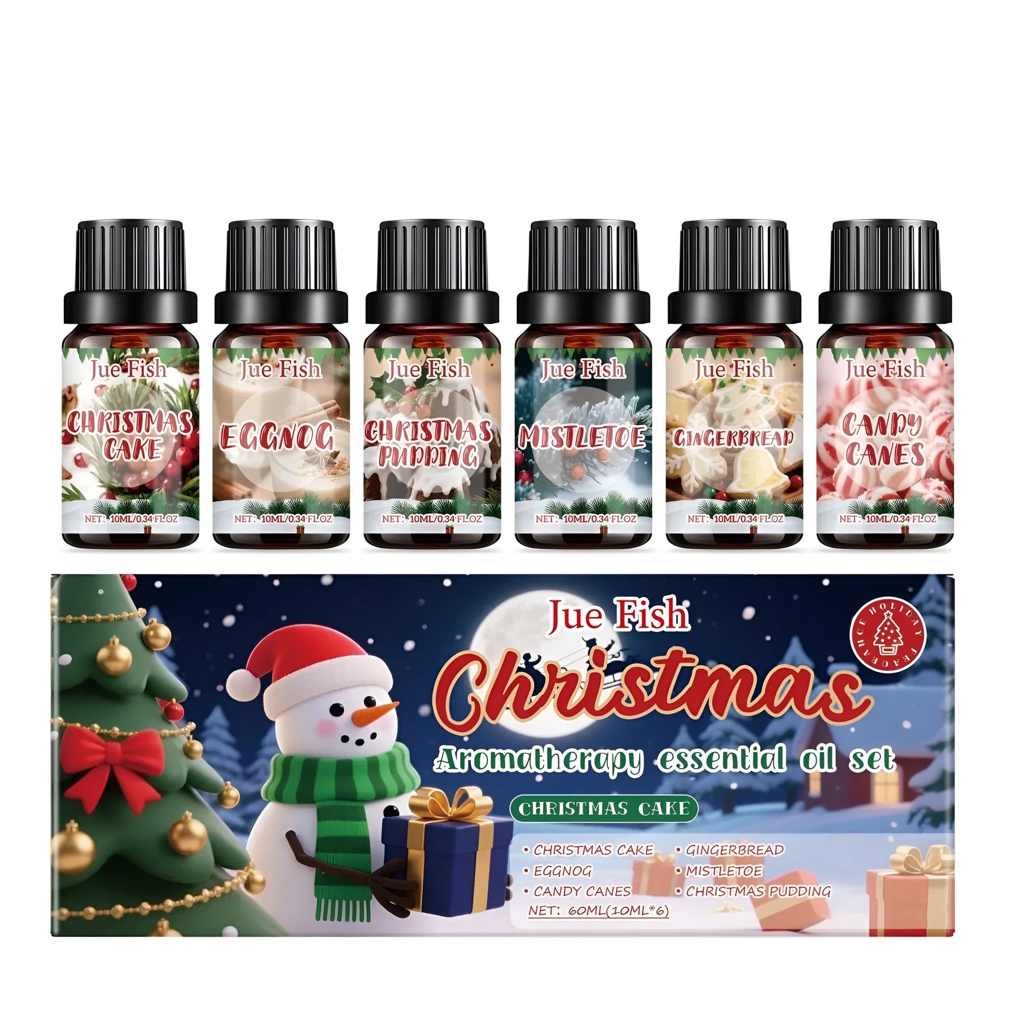 Christmas aromatherapy essential oil set with six 10ml bottles of festive scents including Christmas Cake and Gingerbread