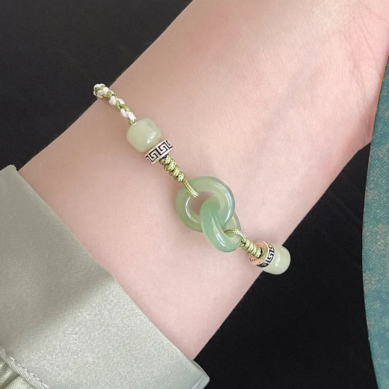 Green jade buckle copper bracelet with double ring strap ethnic design for women