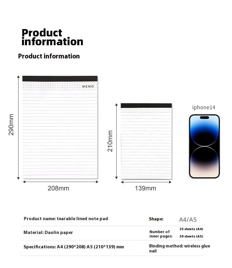 A4 tearable notebook with grid-lined pages and wireless adhesive binding in paper cover
