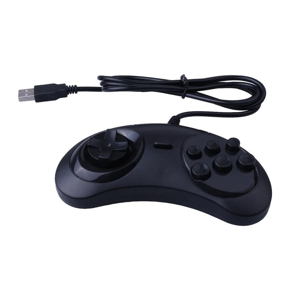 Black Sega USB wired PC gaming controller with 1.8 metre cable on a desk.