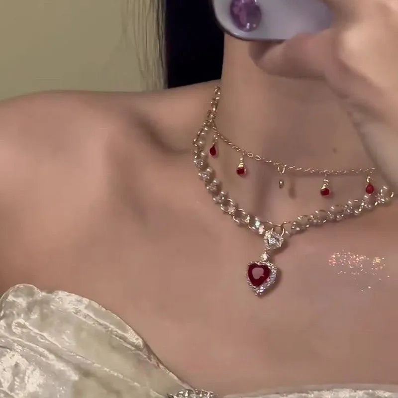 Red love heart pendant on double layer adjustable alloy necklace