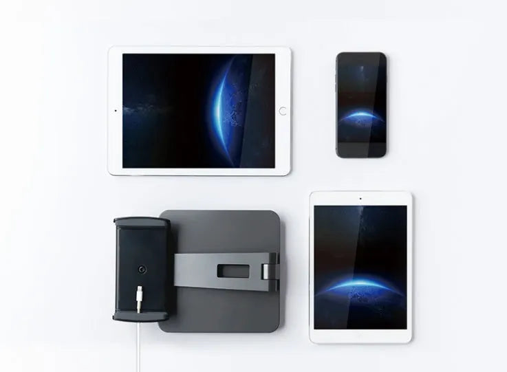 Folding aluminium phone and tablet stand in silver, shown holding a tablet at an angle.