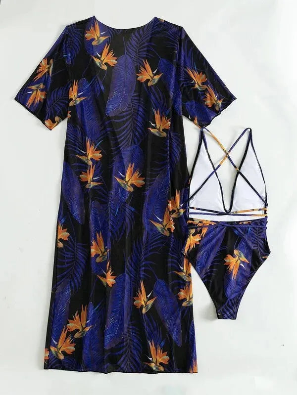 Three-piece women's swimsuit bikini set with cover-up coat in pattern design
