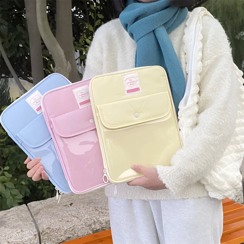 Nylon snap pocket tablet PC bag showing front compartment and colour options