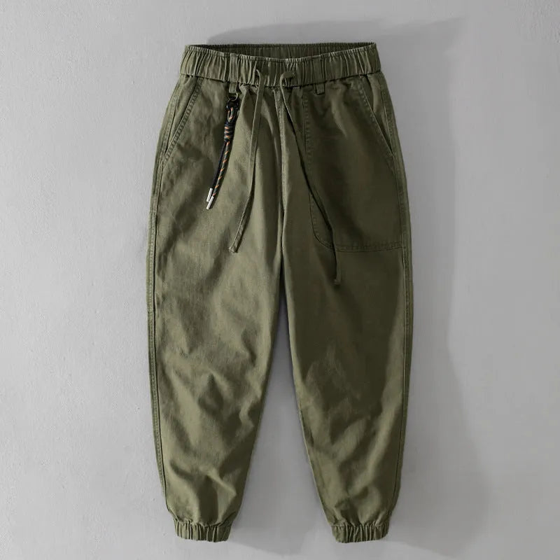 Men's army green cotton drawstring overalls with ankle band design