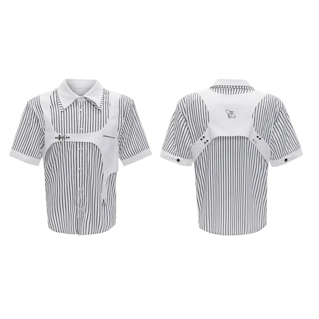 Men's black and white striped cotton shirt with double lapel collar design, short sleeves