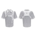 Men's black and white striped cotton shirt with double lapel collar design, short sleeves