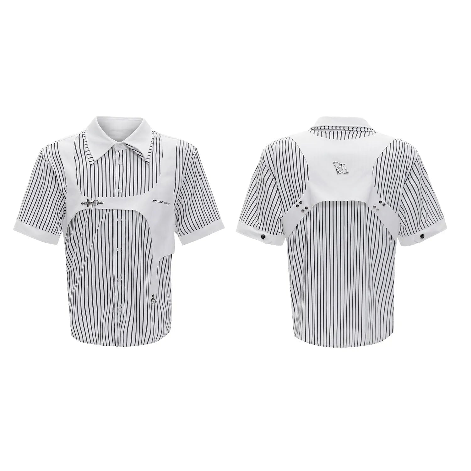 Men's black and white striped cotton shirt with double lapel collar design, short sleeves
