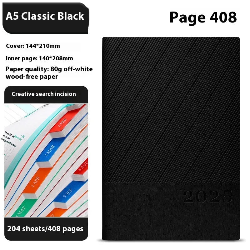 A5 striped PU leather notepad open to show 80g wood-free paper with 408 pages