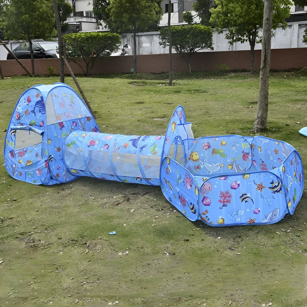 Three-in-one children's play tent with ball pool and tunnel in marine cartoon design