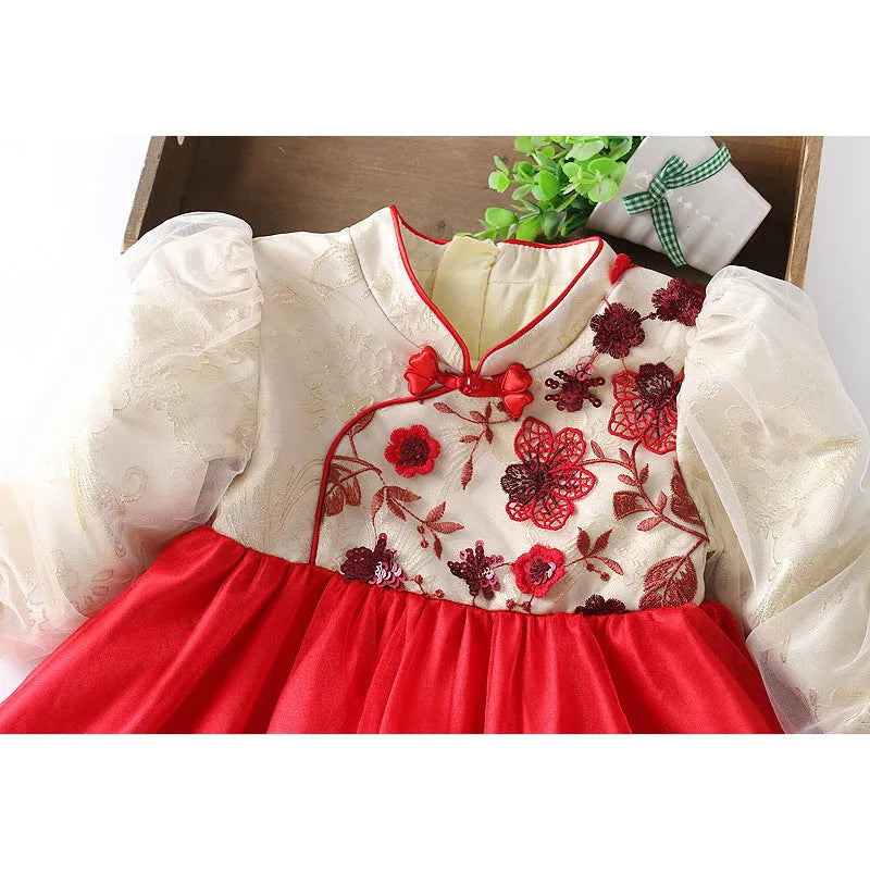 Girls' red flower print dress, chemical fibre blend, suitable height 73-95CM, spring autumn design