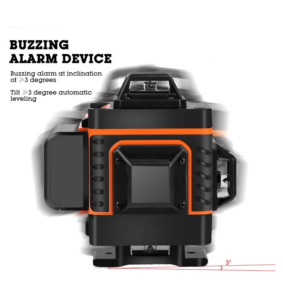 Rotating laser level showing 16-line green beam projection for wall alignment