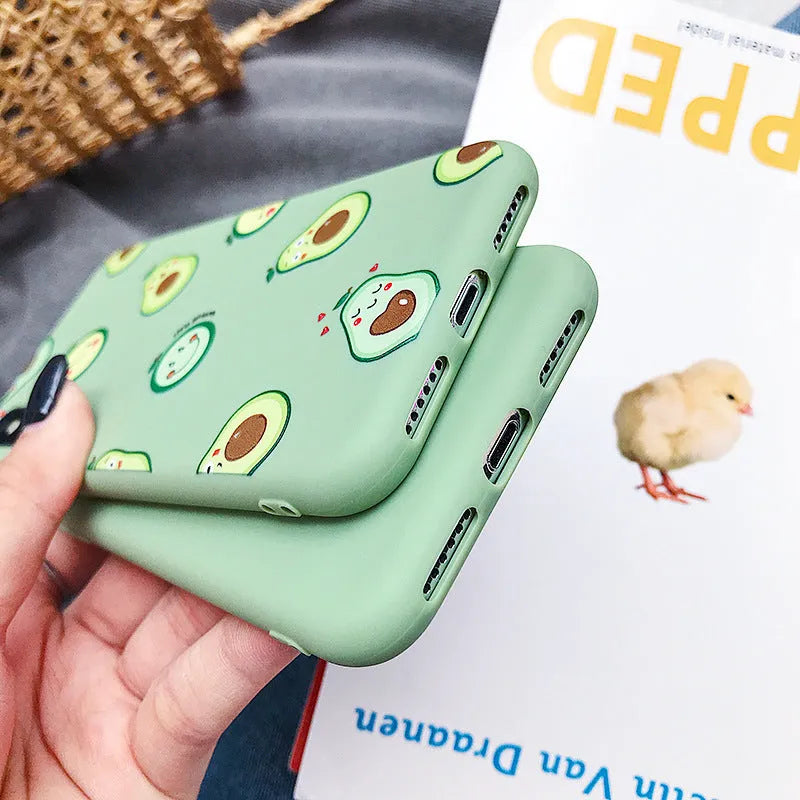 Avocado cartoon design on a green flexible TPU case for an Apple iPhone.