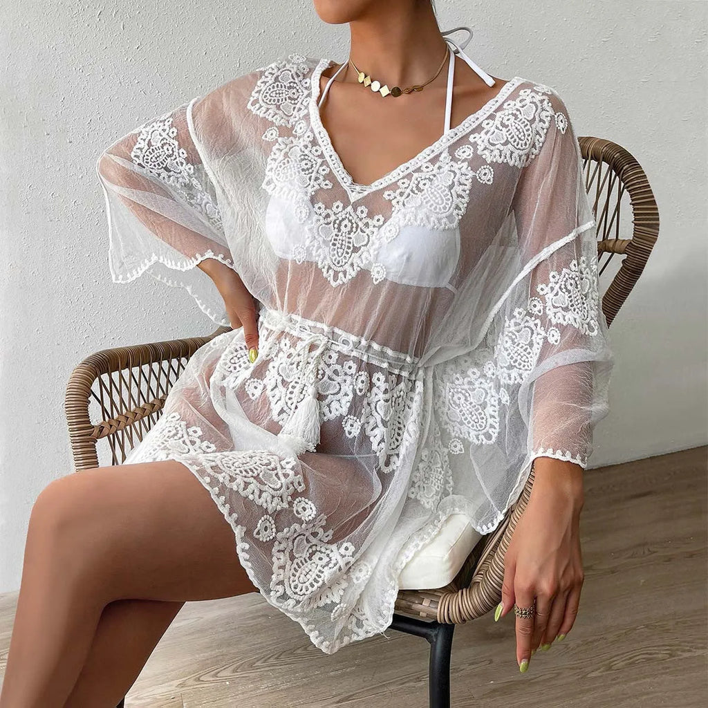 White water soluble beach blouse with polyester fabric for swimming sun protection