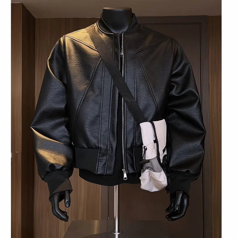 Men's black PU leather jacket with litchi grain texture and extended length design