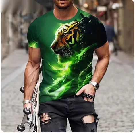 Men's 3D printed lion graphic T-shirt in polyester fabric showing fierce animal design