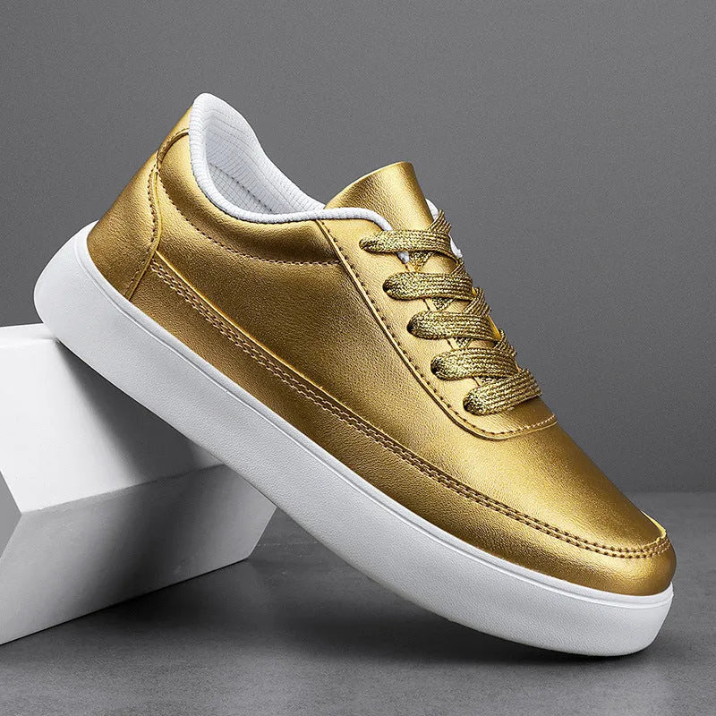Women's leather lace-up casual flat shoes in white, silver, or gold colour