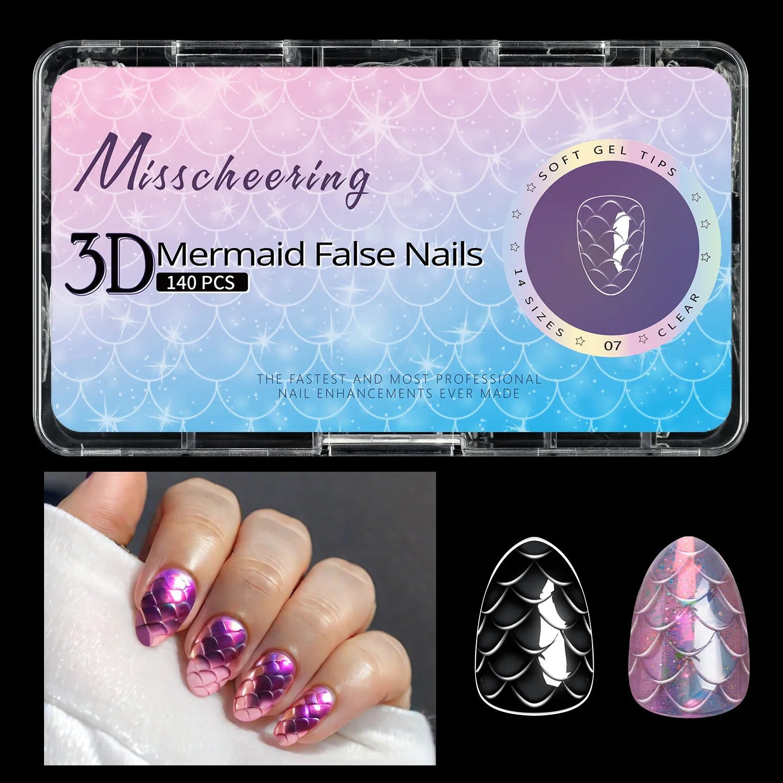 Box of 3D scale long shaping artificial nail tips for manicures.