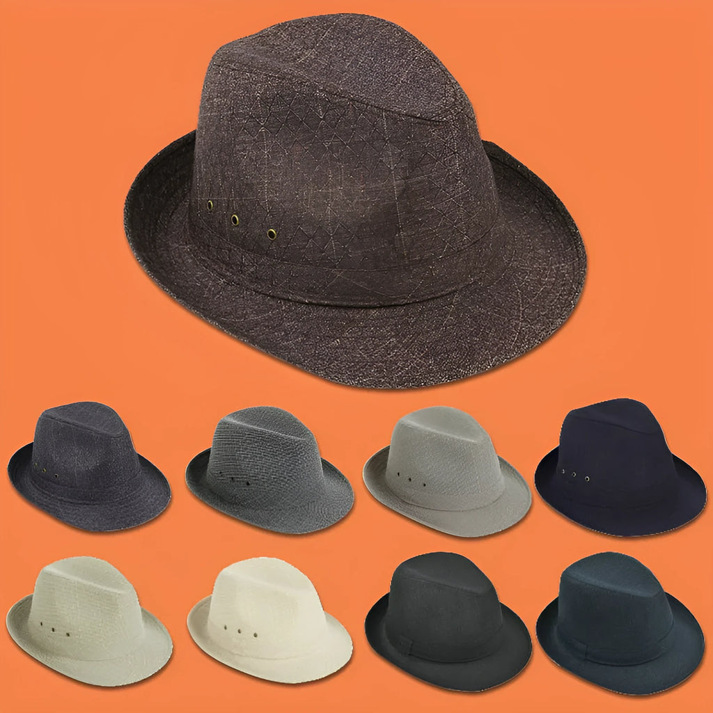 A thickened wool fedora hat for men in classic grey, shown in a side profile to highlight its centre pinch and band.