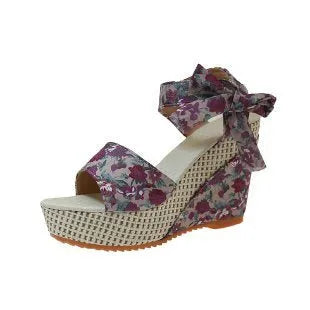 Women's wedge sandals with floral pattern cloth upper and adjustable ankle strap