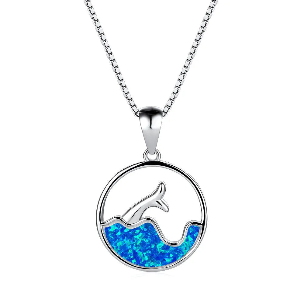 Geometric sea fishtail pendant necklace with a round blue opal stone and white gold electroplated finish