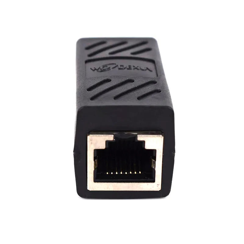 Black RJ45 network cable extender adapter with female-to-female connectors