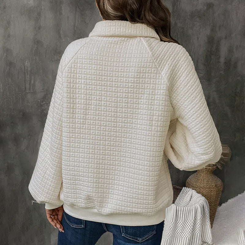 Women's polo collar sweater in solid milky white colour with long sleeves