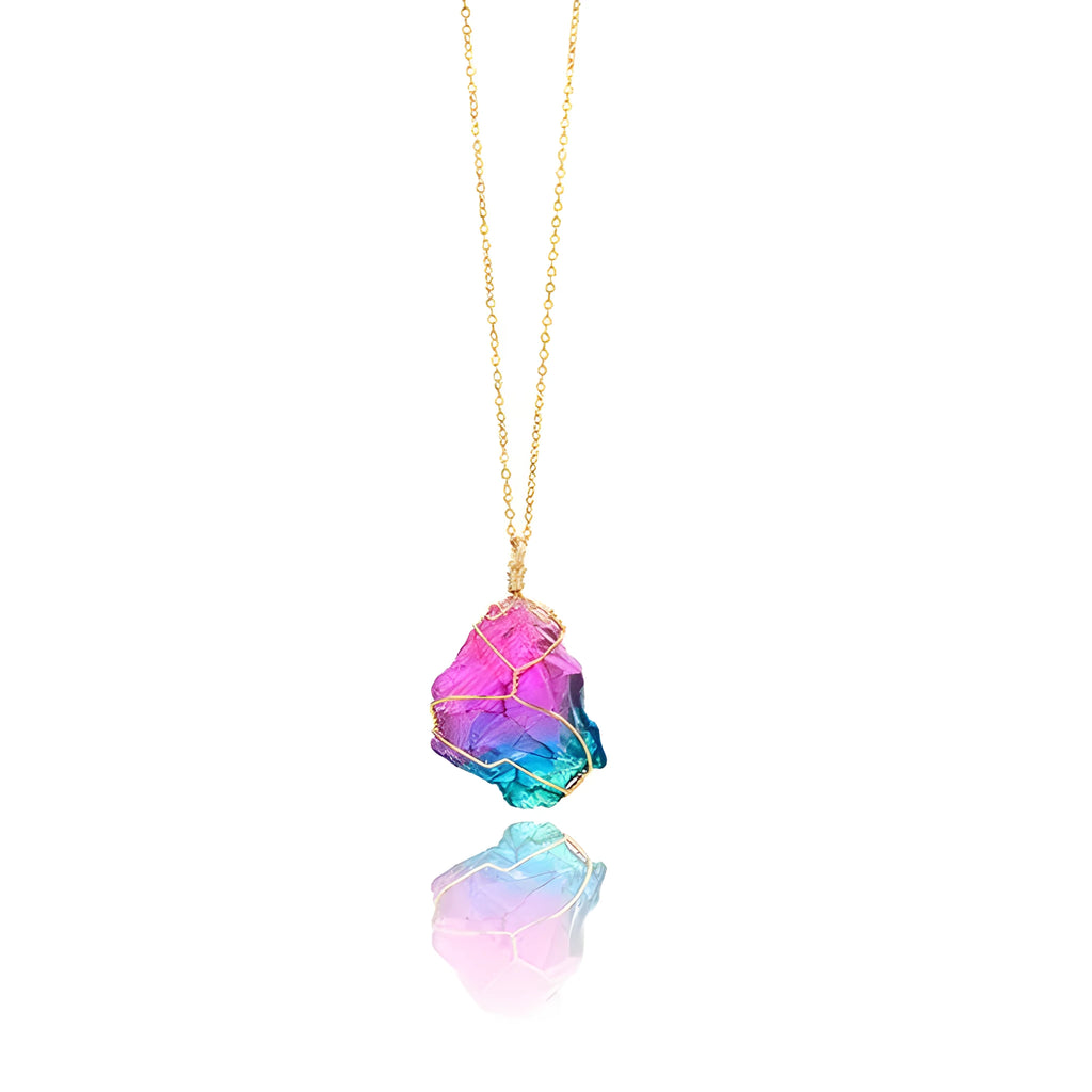 Natural rough-dyed rainbow quartz crystal pendant on alloy chain necklace, blue colour option