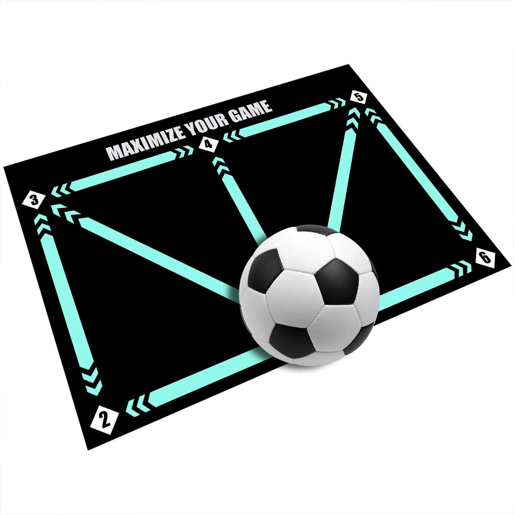 Black football training mat with grid markings measuring 60x90cm for non-slip skills practice