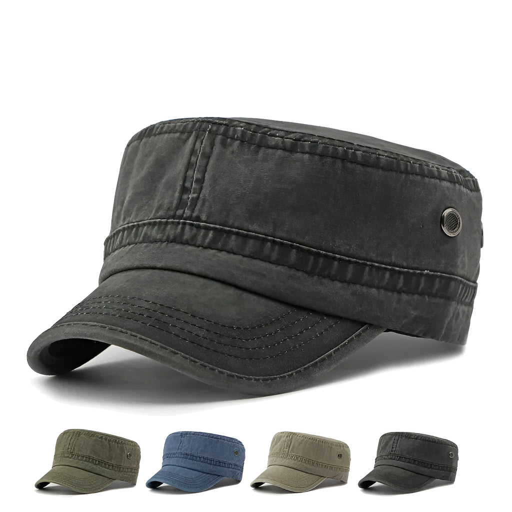 Flat top military cap in cotton fabric with adjustable sizing in four colour options