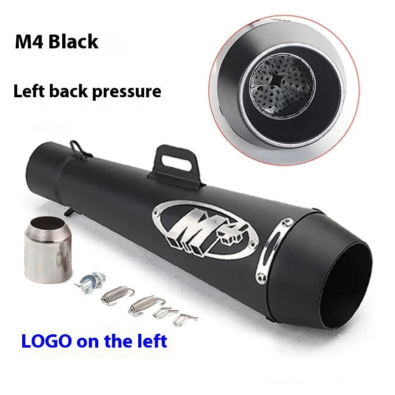 Universal M4 style motorcycle exhaust pipe in various colour finishes for large displacement bikes.